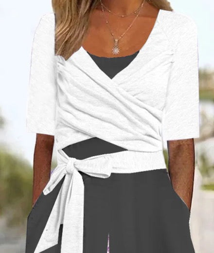 ™Combinaison Noir et Blanc à Col V avec Poches Latérales