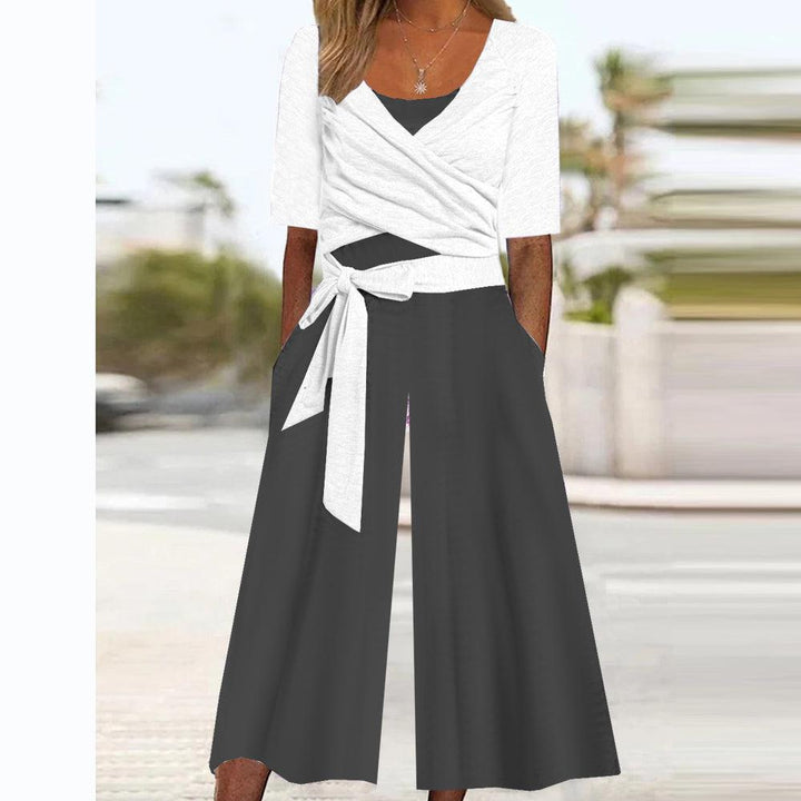 ™Combinaison Noir et Blanc à Col V avec Poches Latérales